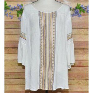 Catherines Womens Petite Gauzy Embroidered Blouse Size 1XWP 3/4 Bell Sleeve Boho